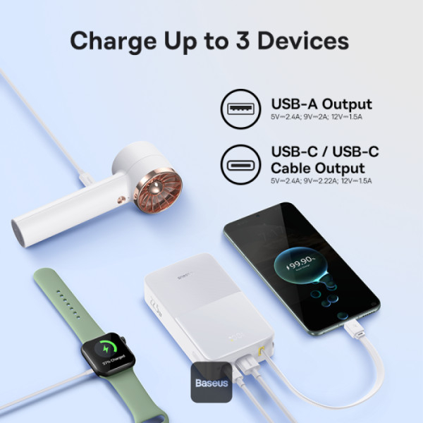 POWER BANK Baseus EnerFill FC51 Bipow2 Pro ,  20000mAh ,  PD 22.5W ,  1 x USB; 1 x cablu integrat USB Type-C ,  1 x Type-C ,  digital display pt. status baterie , total 2.4A ,  alb Cod Produs: E002770 [6]