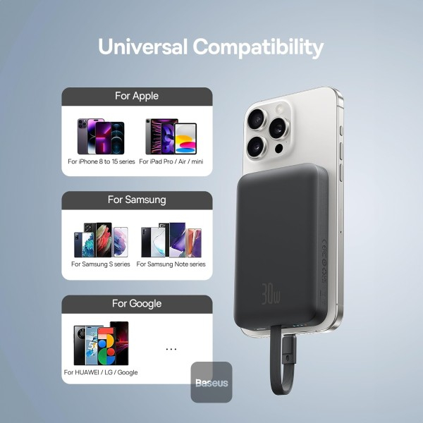 POWER BANK Baseus Magnetic Mini Wireless ,  10000mAh ,  30W ,  2 x USB Type-C output/input ,  15W wireless charging ,  cablu integrat USB Type-C ,  negru ,  Cod Produs: P1002210B113-00 [7]