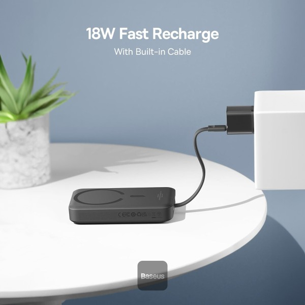 POWER BANK Baseus Magnetic Mini Wireless ,  10000mAh ,  30W ,  2 x USB Type-C output/input ,  15W wireless charging ,  cablu integrat USB Type-C ,  negru ,  Cod Produs: P1002210B113-00 [6]