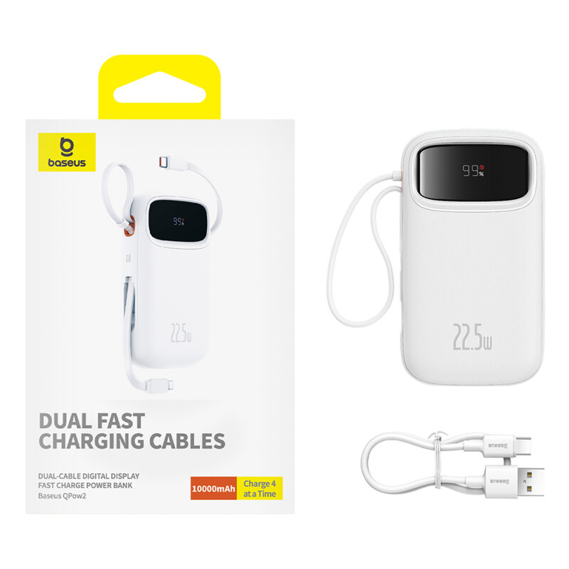 POWER BANK Baseus Qpow2 Dual-Cable ,  10000mAh ,  PD 3.0 + QC 3.0 22.5W ,  1 x USB; 1 x Iphone Lightning; 2 x USB Type-C ,  digital display pt. status baterie ,  total 2.4A ,  alb ,  Cod Produs: P1005 [2]
