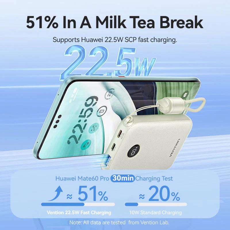 POWER BANK Vention 10000mAh Power Bank (USB-C + USB-C/USB-C/USB-A) with Built-in USB-C to USB-C Cable 22.5W Black LED Display Type  ,  Cod Produs: FKAB0-C [3]