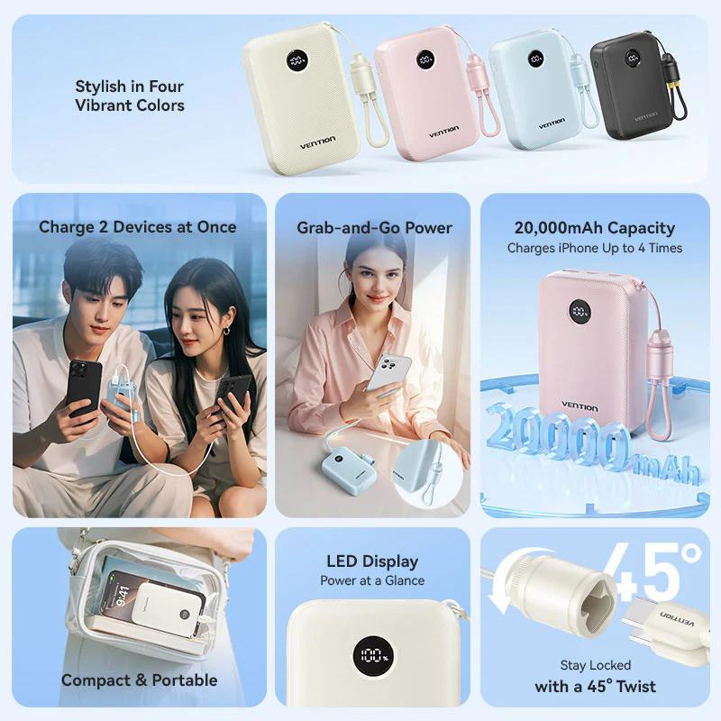 POWER BANK Vention 20000mAh Power Bank (USB-C + USB-C/USB-C/USB-A) with Built-in USB-C to USB-C Cable 22.5W Black LED Display Type  ,  Cod Produs: FKBB0-C [9]