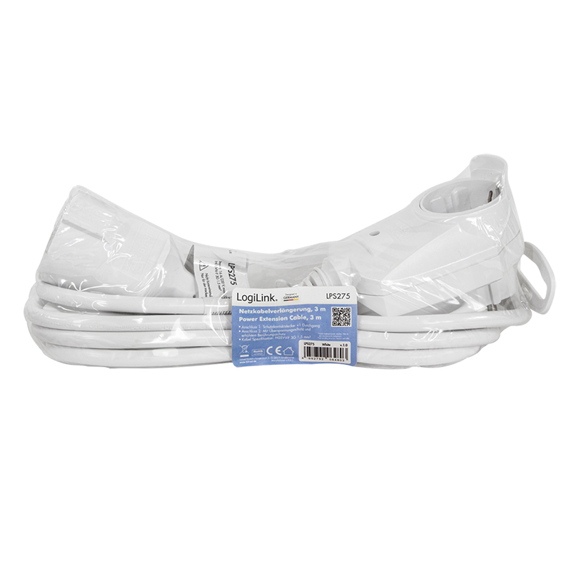 PRELUNGITOR LOGILINK ,  Schuko X 1  ,  Schuko transfer X 1 ,  IP20 ,  230 V/16 A ,  50 Hz ,  max. 3500 W ,  3m ,  alb Cod Produs: LPS275 [3]