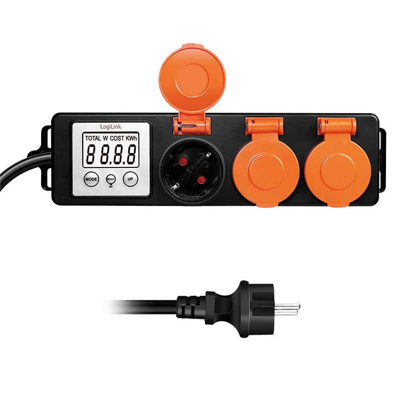 PRELUNGITOR LOGILINK ,  Schuko x 3 ,  cablu 3G 1.5mm2 ,  230 V/16 A ,  50 Hz ,  max. 3500 W ,  contor cost energetic ,  LCD ,  3 butoane operare ,  IP44 ,  de exterior ,  1.4m ,  negru-portocaliu ,  C [2]