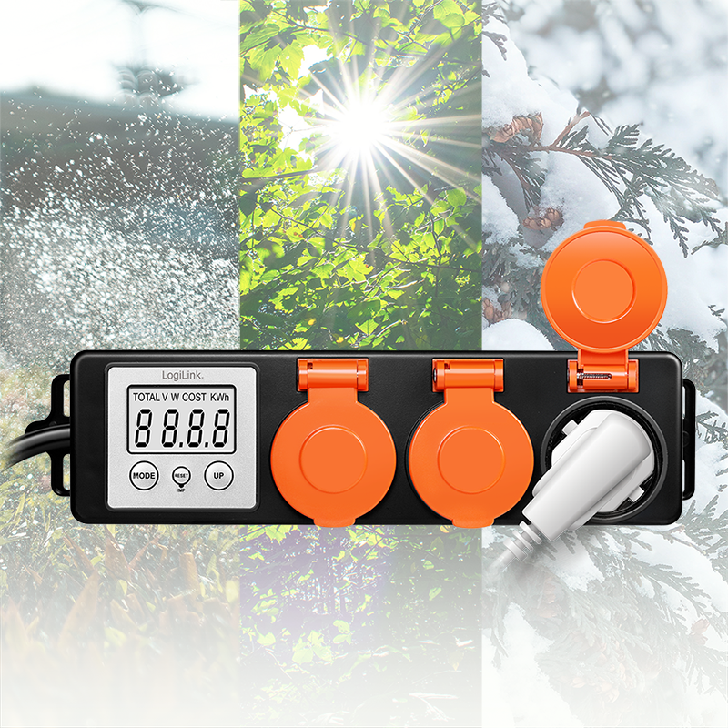 PRELUNGITOR LOGILINK ,  Schuko x 3 ,  cablu 3G 1.5mm2 ,  230 V/16 A ,  50 Hz ,  max. 3500 W ,  contor cost energetic ,  LCD ,  3 butoane operare ,  IP44 ,  de exterior ,  1.4m ,  negru-portocaliu ,  C [4]