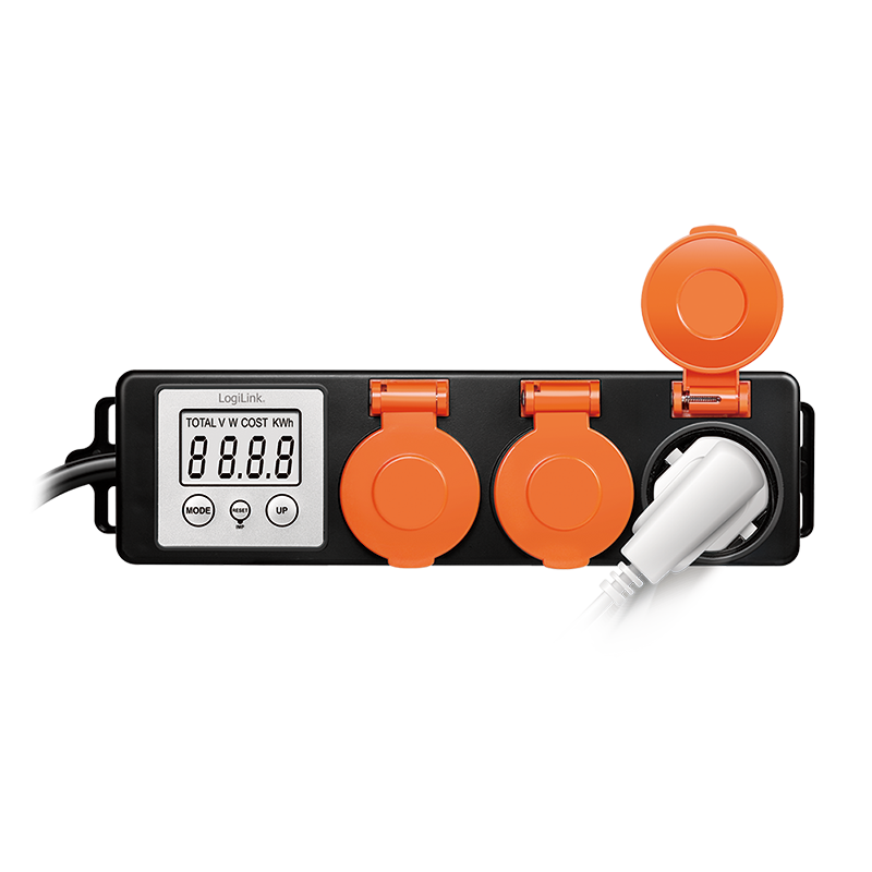 PRELUNGITOR LOGILINK ,  Schuko x 3 ,  cablu 3G 1.5mm2 ,  230 V/16 A ,  50 Hz ,  max. 3500 W ,  contor cost energetic ,  LCD ,  3 butoane operare ,  IP44 ,  de exterior ,  1.4m ,  negru-portocaliu ,  C [3]