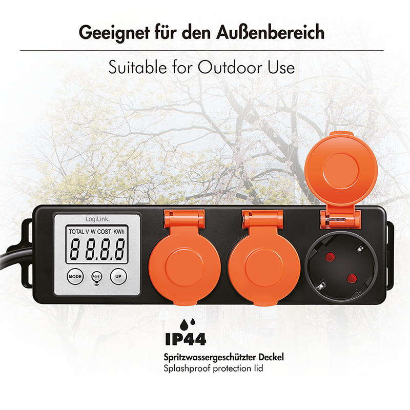 PRELUNGITOR LOGILINK ,  Schuko x 3 ,  cablu 3G 1.5mm2 ,  230 V/16 A ,  50 Hz ,  max. 3500 W ,  contor cost energetic ,  LCD ,  3 butoane operare ,  IP44 ,  de exterior ,  1.4m ,  negru-portocaliu ,  C [5]