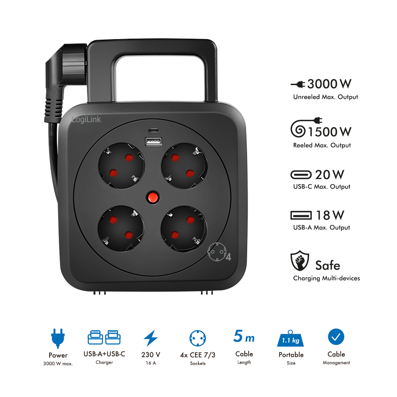 PRELUNGITOR LOGILINK ,  Schuko x 4 ,  conectare prin Schuko (T) ,  16 A ,  1xUSB-A ,  1xUSB-C ,  comutator oprire termica ,  cablu 5m tip bobina ,  protectie IP20 ,  negru ,  Cod Produs: LPS504 [2]