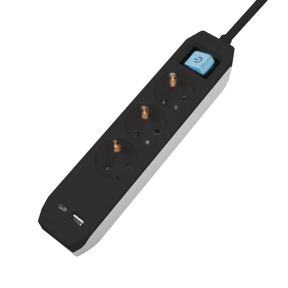 PRELUNGITOR SPACER ,  Schuko x 3 ,  conectare prin Schuko (T) , Type-C x1 ,  USB x 1 ,  3.1A ,  cablu 1.8m ,  16 A ,  max. 3500W ,  protectie copii ,  Intrerupator ,  Negru ,  Cod Produs: PP-3-18B-TC- [1]