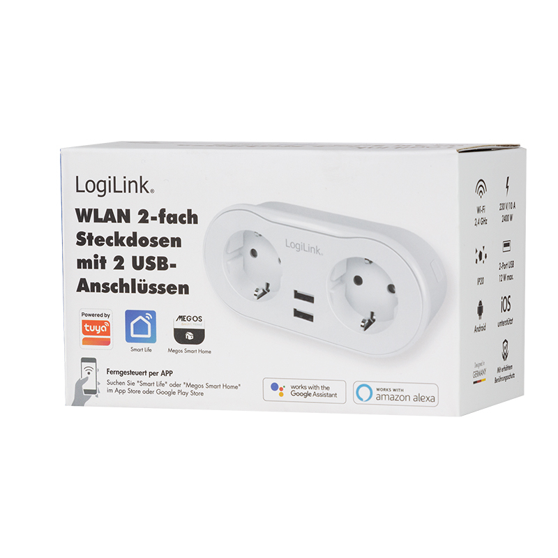 PRIZA INTELIGENTA LOGILINK ,  Wi-Fi Smart , Schuko x 2 ,  USB x 2 5V/2.4A max. 12W , prot. Supracurent / supratensiune ,  IP20 ,  compatibil TUYA ,  Amazon Alexa si Google Home ,  alb Cod Produs: SH01 [3]