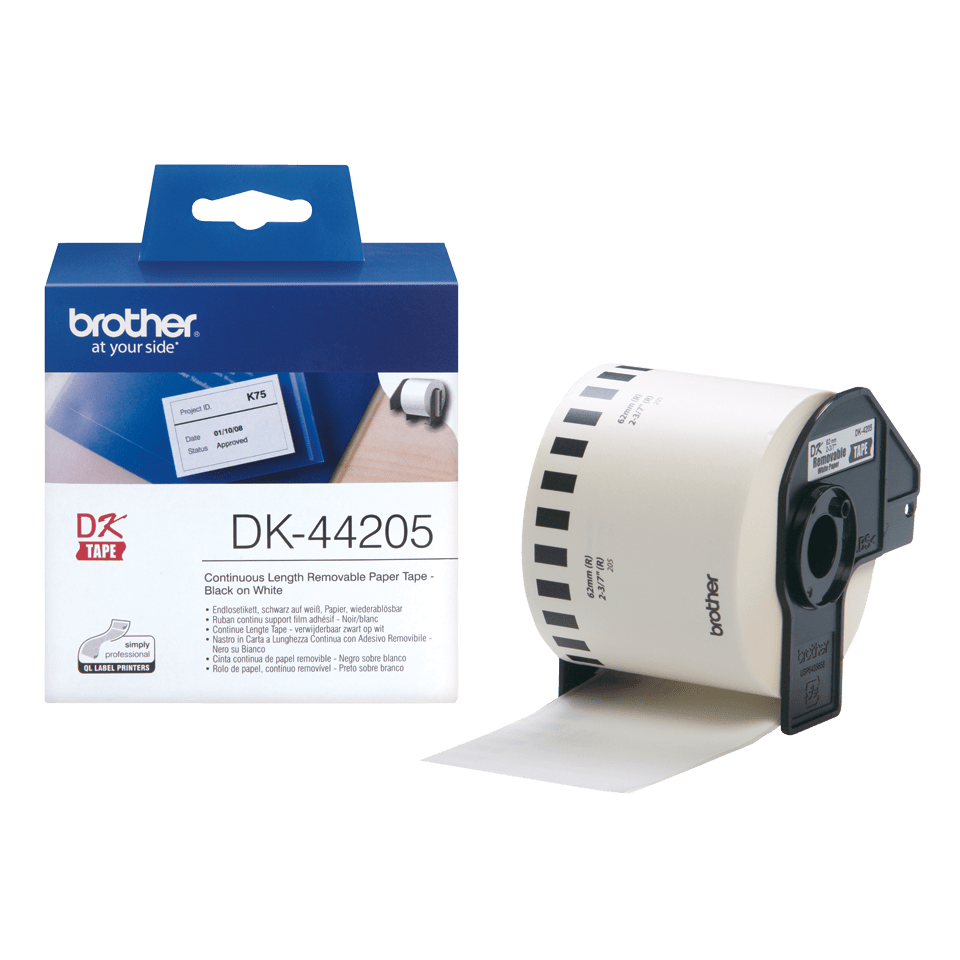 Rola de etichete detasabile continua originala Brother DK44205, 62mm latime, 30.48 metrii, negru pe alb [2]