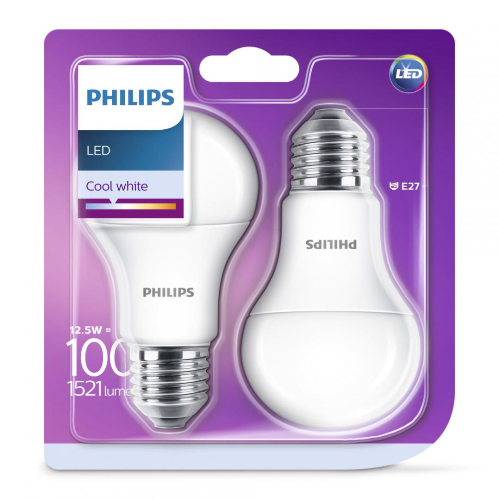 SET 2 becuri LED Philips ,  soclu E27 ,  putere 12.5W ,  forma clasic ,  lumina alb rece ,  alimentare 220 - 240 V ,  Cod Produs: 8718696813737 [2]