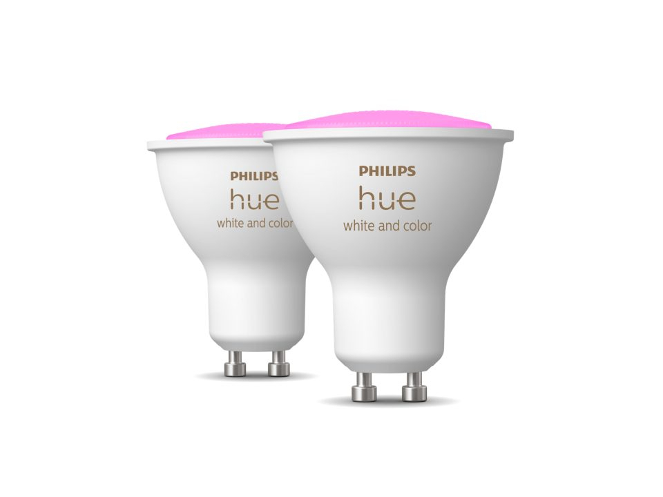 SET 2 becuri smart LED Philips , soclu GU10 , putere 5W , forma spot , lumina multicolora , alimentare 220 - 240 V , Cod Produs: 8719514340084 [1]