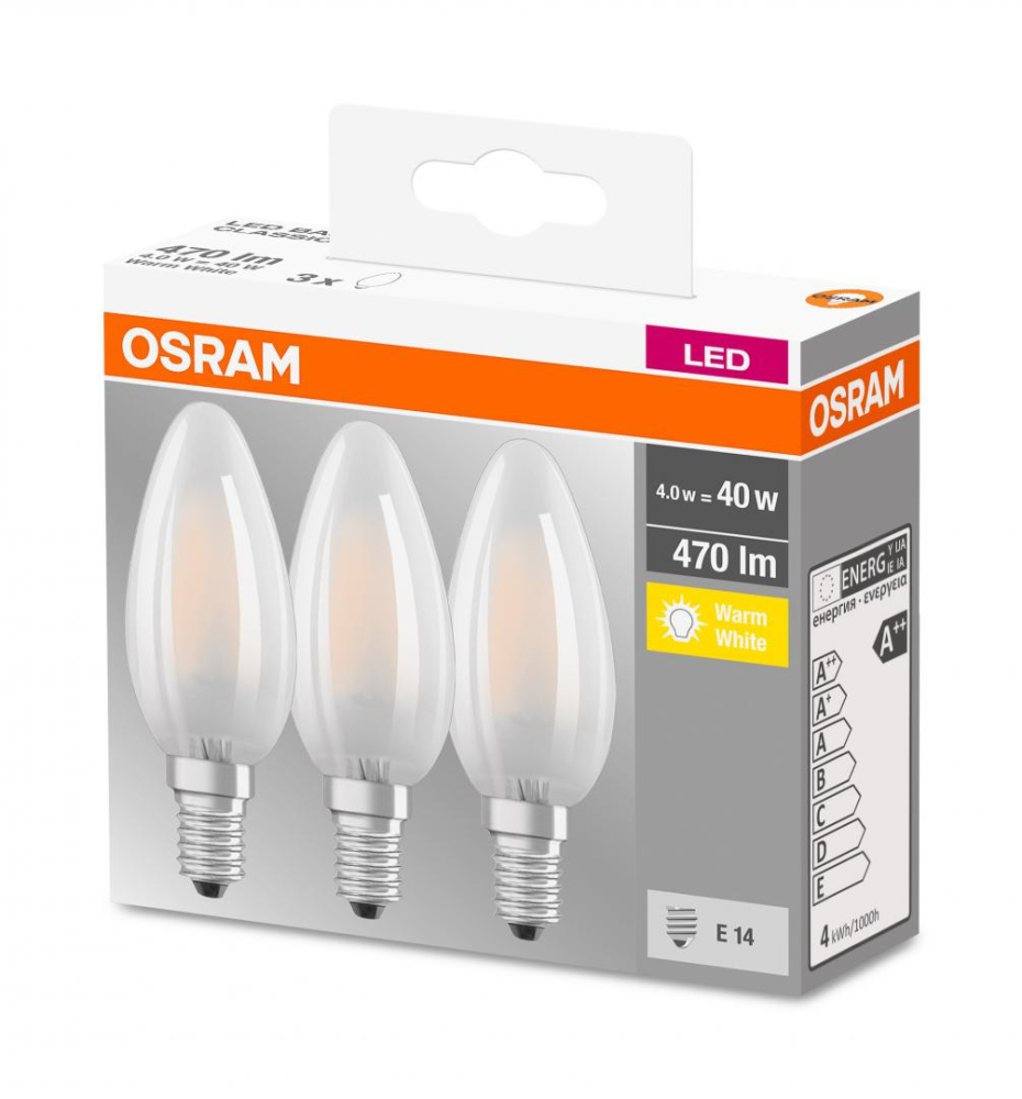 SET 3 becuri LED Osram ,  soclu E14 ,  putere 4.5W ,  forma lumanare ,  lumina alb calda ,  alimentare 220 - 240 V ,  Cod Produs: 4058075819375 [2]