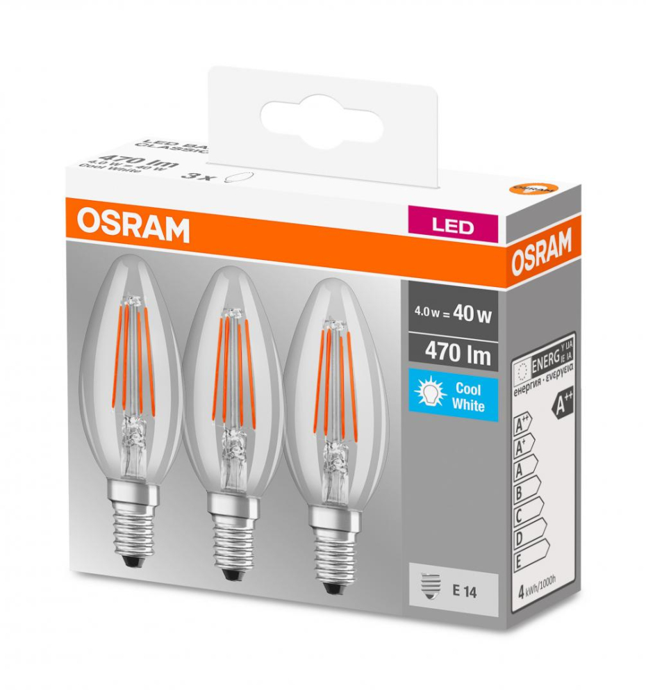 SET 3 becuri LED Osram ,  soclu E14 ,  putere 4W ,  forma lumanare ,  lumina alb ,  alimentare 220 - 240 V ,  Cod Produs: 4058075819719 [2]