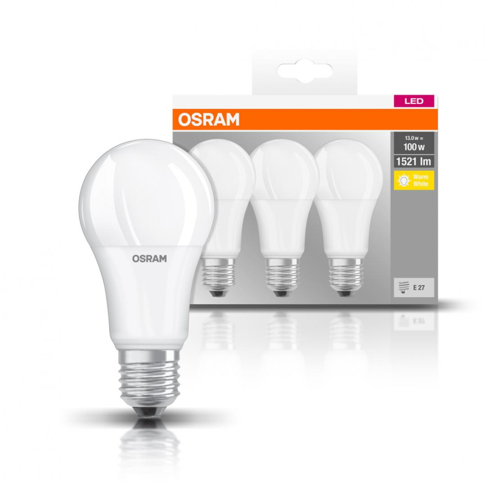 SET 3 becuri LED Osram ,  soclu E27 ,  putere 13W ,  forma clasic ,  lumina alb calda ,  alimentare 220 - 240 V ,  Cod Produs: 4058075819412 [2]