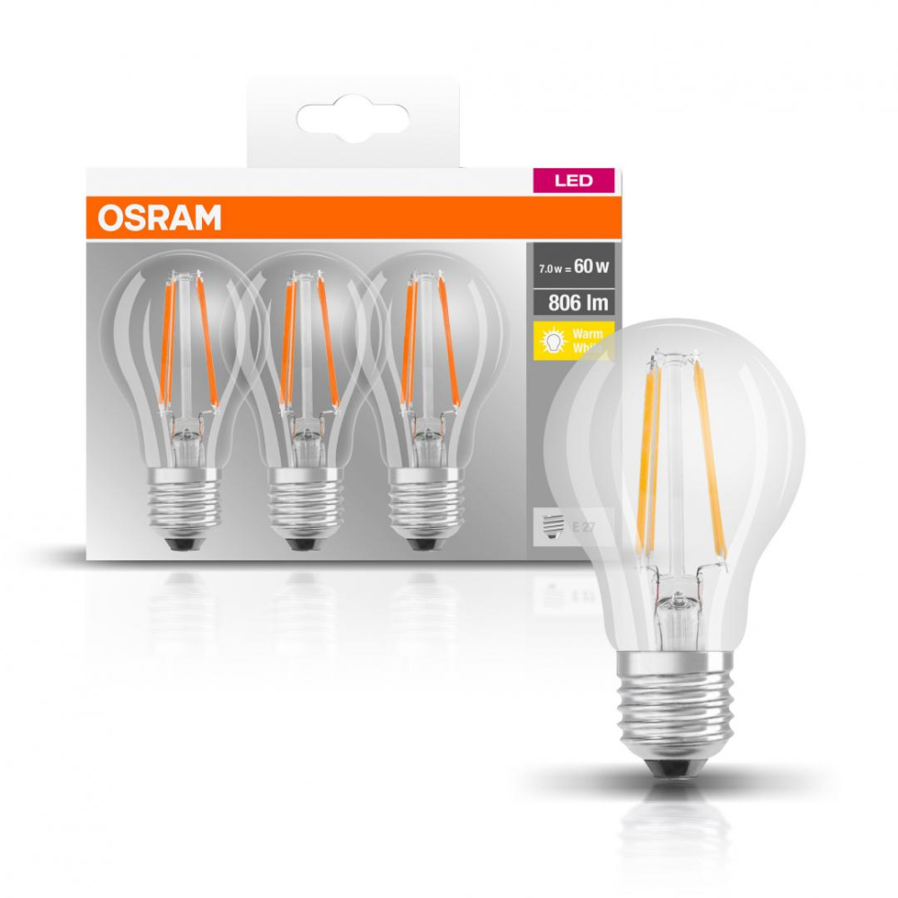 SET 3 becuri LED Osram ,  soclu E27 ,  putere 7W ,  forma clasic ,  lumina alb calda ,  alimentare 220 - 240 V ,  Cod Produs: 4058075819290 [2]