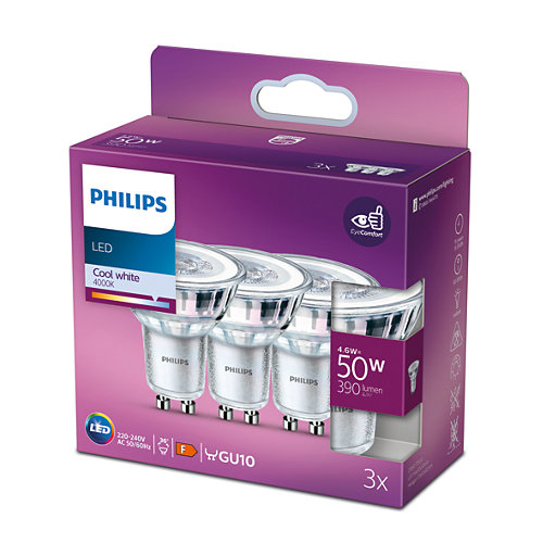 SET 3 becuri LED Philips , soclu GU10 , putere 4.6W , forma spot , lumina alb rece , alimentare 220 - 240 V , Cod Produs: 8718699776312 [2]