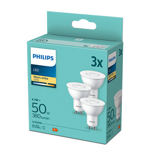 SET 3 becuri LED Philips ,  soclu GU10 ,  putere 4.7W ,  forma plat ,  lumina alb calda ,  alimentare 220 - 240 V ,  Cod Produs: 8719514393998 [2]