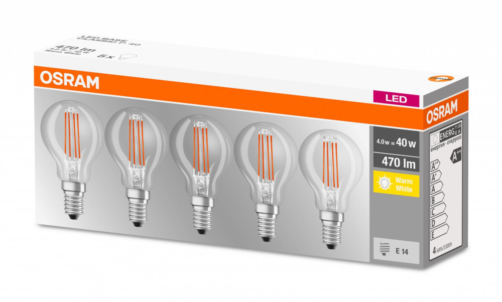 SET 5 becuri LED Osram ,  soclu E14 ,  putere 4W ,  forma clasic ,  lumina alb calda ,  alimentare 220 - 240 V ,  Cod Produs: 4058075090668 [2]
