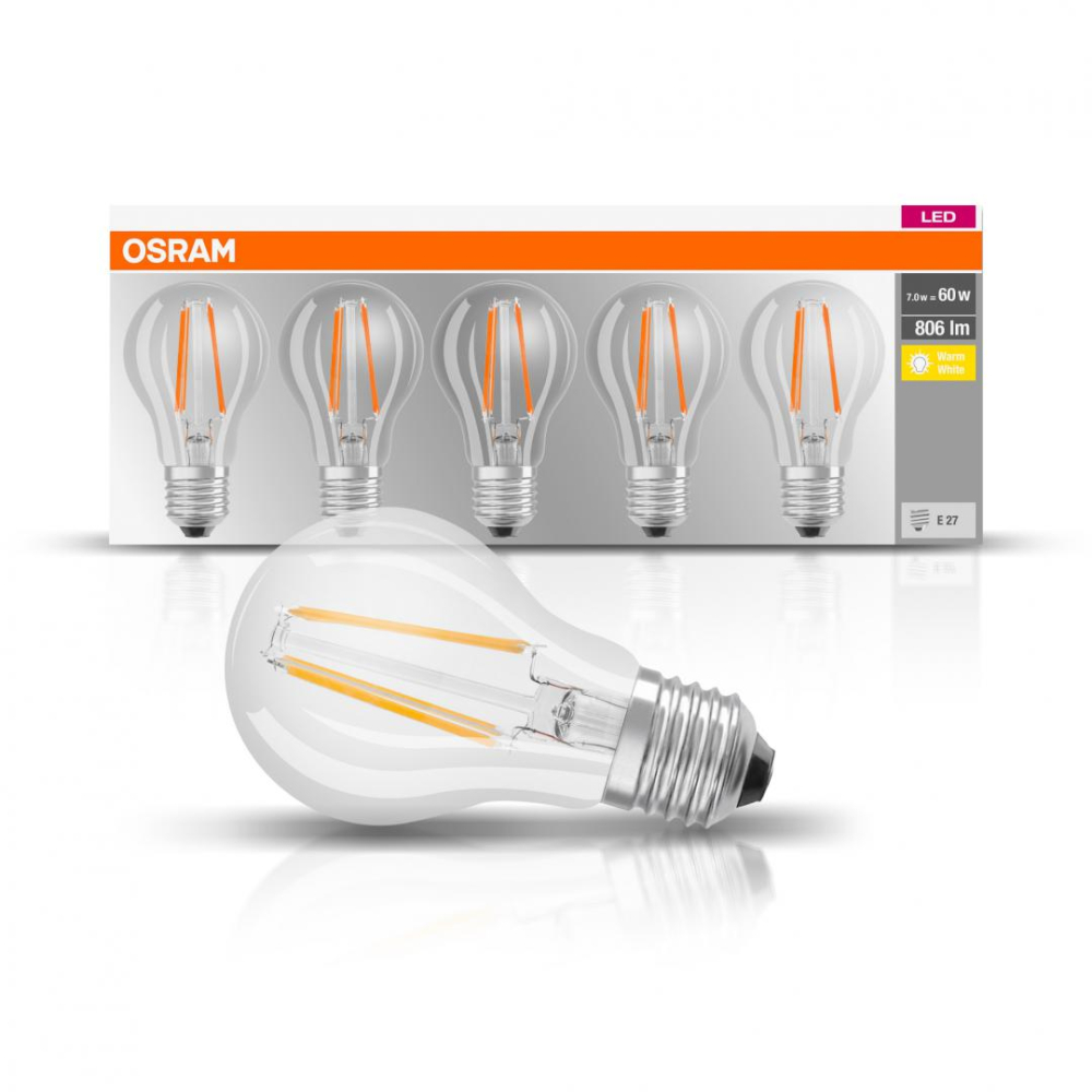 SET 5 becuri LED Osram , soclu E27 , putere 7W , forma clasic , lumina alb calda , alimentare 220 - 240 V , Cod Produs: 4058075090569 [2]