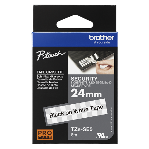 Benzi etichete originale Brother - Banda de etichete de securitate originala Brother TZESE5, 24mm latime, 8 metri lungime, negru pe alb