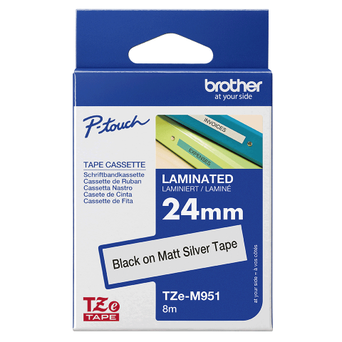 Benzi etichete originale Brother - Banda de etichete mata originala Brother TZEM951, 24mm latime, 8 metrii, negru pe arginitu