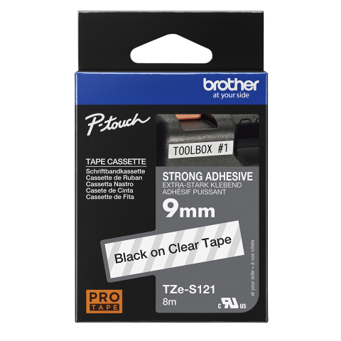 Benzi etichete originale Brother - Banda de etichete puternic adezive originala Brother TZES121, 9mm latime, 8 metri lungime, negru pe transparent