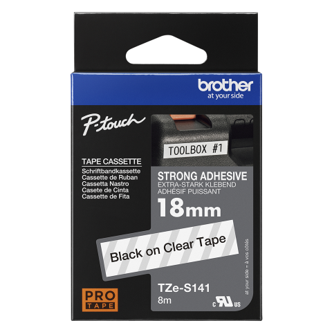Benzi etichete originale Brother - Banda de etichete puternic adezive originala Brother TZES141, 18mm latime, 8 metri lungime, negru pe transparent