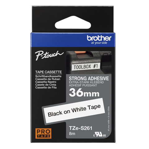 Benzi etichete originale Brother - Banda de etichete puternic adezive originala Brother TZES261, 36mm latime, 8 metri lungime, negru pe transparent
