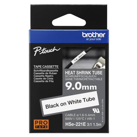 Benzi etichete originale Brother - Banda de etichete termocontractabile originala Brother HSE221E, 9mm latime, 1.5 metri lungime, negru pe alb