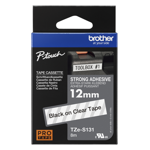 Benzi etichete originale Brother - Banda de etichete puternic adezive originala Brother TZES131, 12mm latime, 8 metri lungime, negru pe transparent