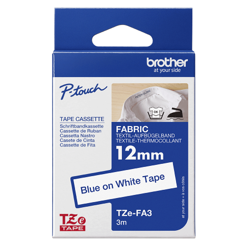 Benzi etichete originale Brother - Banda de etichete material textil originala Brother TZEFA3, 12mm latime, 3 metri lungime, albastru pe alb