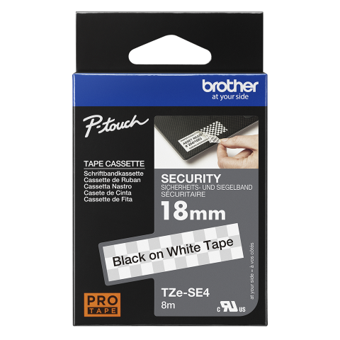 Benzi etichete originale Brother - Banda de etichete de securitate originala Brother TZESE4, 18mm latime, 8 metri lungime, negru pe alb