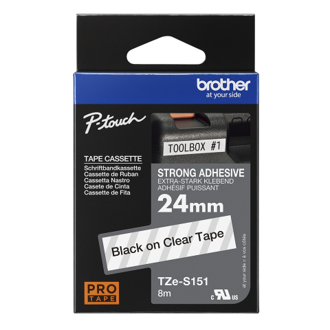Benzi etichete originale Brother - Banda de etichete puternic adezive originala Brother TZES151, 24mm latime, 8 metri lungime, negru pe transparent