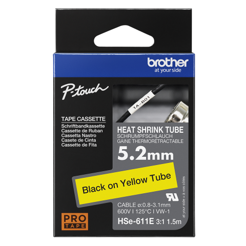 Benzi etichete originale Brother - Banda de etichete termocontractabile originala Brother HSE611E, 5.2mm latime, 1.5 metri lungime, negru pe galben