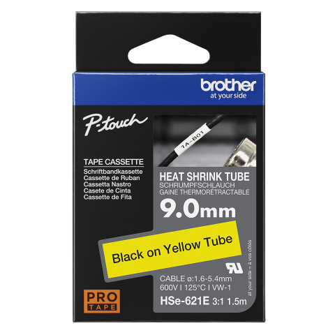 Benzi etichete originale Brother - Banda de etichete termocontractabile originala Brother HSE621E, 9mm latime, 1.5 metri lungime, negru pe galben
