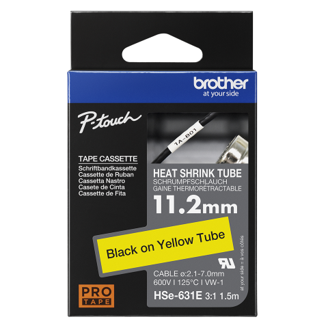 Benzi etichete originale Brother - Banda de etichete termocontractabile originala Brother HSE631E, 11.2mm latime, 1.5 metri lungime, negru pe galben