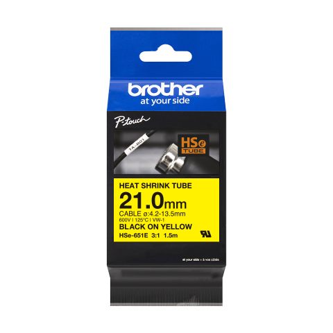 Benzi etichete originale Brother - Banda de etichete termocontractabile originala Brother HSE651E, 21mm latime, 1.5 metri lungime, negru pe galben