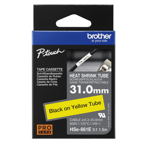Benzi etichete originale Brother - Banda de etichete termocontractabile originala Brother HSE661E, 31mm latime, 1.5 metri lungime, negru pe galben