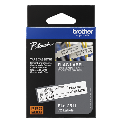 Benzi etichete originale Brother - Banda de etichete tip steag pretaiate originala Brother FLE2511, 45 x 21mm latime, 72 etichete, negru pe alb