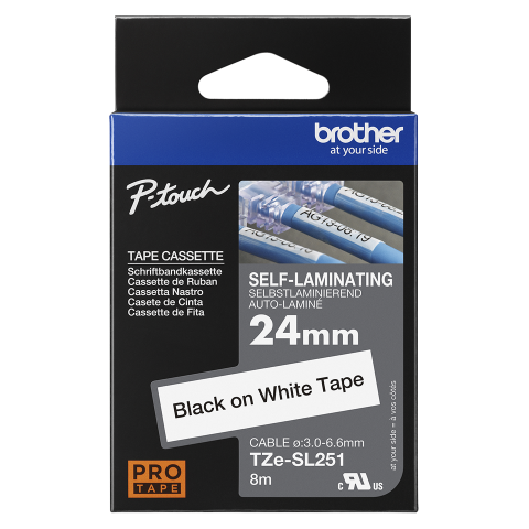 Benzi etichete originale Brother - Banda cu auto-laminare originala Brother TZESL251, 24mm latime, 8 metrii, negru pe alb