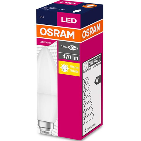 BEC LED Osram ,  soclu E14 ,  putere 5.7W ,  forma lumanare ,  lumina alb calda ,  alimentare 220 - 240 V ,  Cod Produs: 4052899326453 [1]