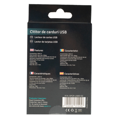 CARD READER extern SPACER ,  interfata USB 3.0 ,  citeste/scrie: SD ,  micro SD ,  Negru ,  Cod Produs: SPCR-USB3-02 [3]