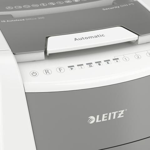 Distrugator automat documente Leitz IQ Office  ,  300 coli ,  P5 ,  micro-cut (tip particule) ,  cos 60 litri ,  alb-gri ,  Leitz Cod Produs: 80160000 [8]