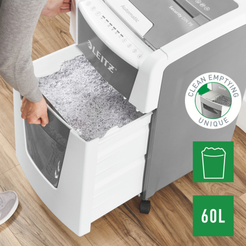 Distrugator automat documente Leitz IQ Office  ,  300 coli ,  P5 ,  micro-cut (tip particule) ,  cos 60 litri ,  alb-gri ,  Leitz Cod Produs: 80160000 [1]