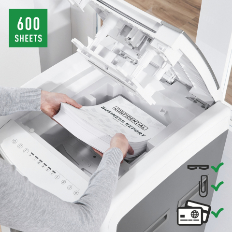 Distrugator automat documente Leitz IQ Office  ,  600 coli ,  P5 ,  micro-cut (tip particule) ,  cos 110 litri ,  alb-gri ,  Leitz Cod Produs: 80180000 [2]