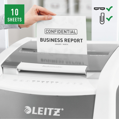 Distrugator automat documente Leitz IQ Office  ,  600 coli ,  P5 ,  micro-cut (tip particule) ,  cos 110 litri ,  alb-gri ,  Leitz Cod Produs: 80180000 [3]