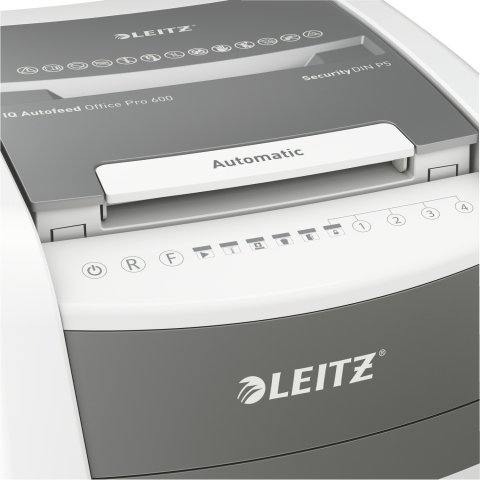 Distrugator automat documente Leitz IQ Office  ,  600 coli ,  P5 ,  micro-cut (tip particule) ,  cos 110 litri ,  alb-gri ,  Leitz Cod Produs: 80180000 [14]