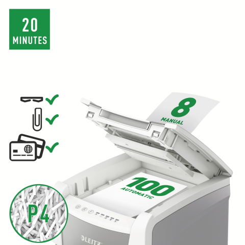 Distrugator automat documente Leitz IQ Small Office  ,  100 coli ,  P4 ,  cross-cut (tip confeti) ,  cos 34 litri ,  alb-gri ,  Leitz Cod Produs: 80110000 [1]